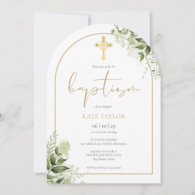 Elegant Gold Arch Greenery Floral Foliage Baptism Invitation (Front)