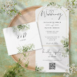 Elegant Gold Arch Greenery Floral QR Code Wedding All In One Invitation<br><div class="desc">All in one wedding invitation featuring botanical greenery rustic leaves falling across a gold arch enclosing elegant typography. The invitation includes a perforated RSVP card with your wedding website QR code. Designed by Thisisnotme©</div>