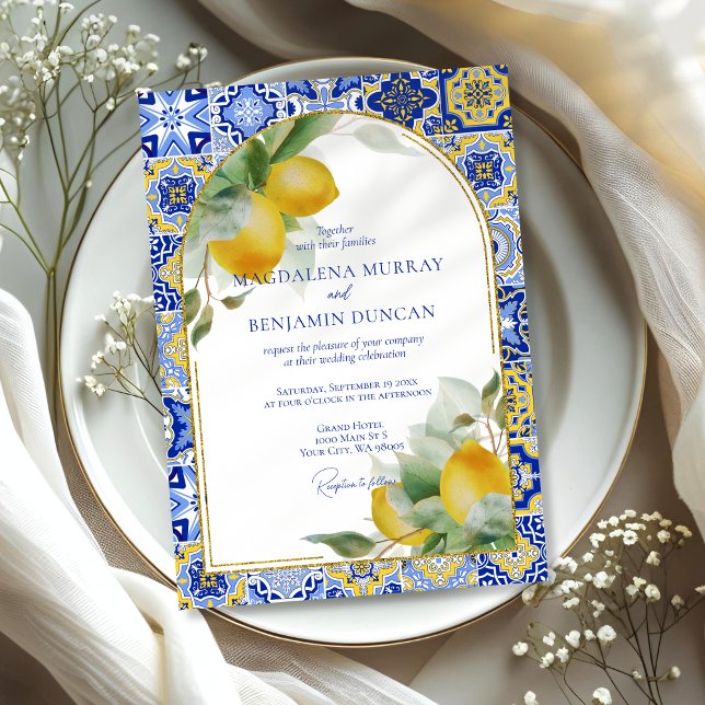Elegant Gold Arch Italian Blue Tile Lemons Wedding Invitation (Creator Uploaded)