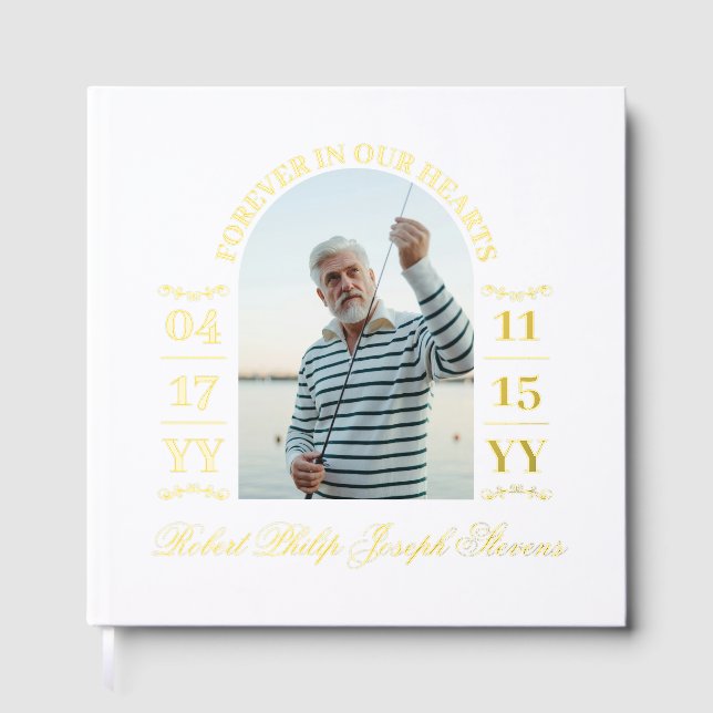 Elegant Gold Arch Photo Forever In Our Hearts Guest Book (Front)