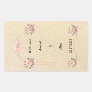 Elegant Gold Arch Pink Floral Pearl Wedding Favour Rectangular Sticker