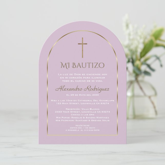 Elegant Gold Arch Purple Spanish Bautizo  Invitation (Standing Front)