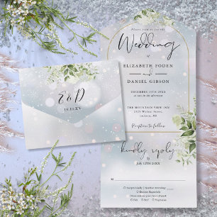 Elegant Gold Arch Winter Greenery Wedding All In One Invitation