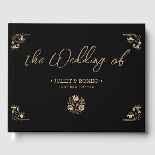 Elegant gold Art Deco & calligraphy black, wedding Guest Book