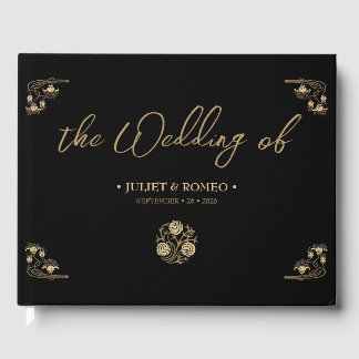 Elegant gold Art Deco & calligraphy black, wedding Guest Book