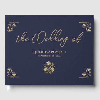 Elegant gold Art Deco & calligraphy blue, wedding Guest Book