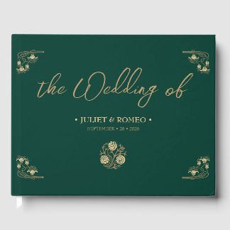 Elegant gold Art Deco & calligraphy green, wedding Guest Book
