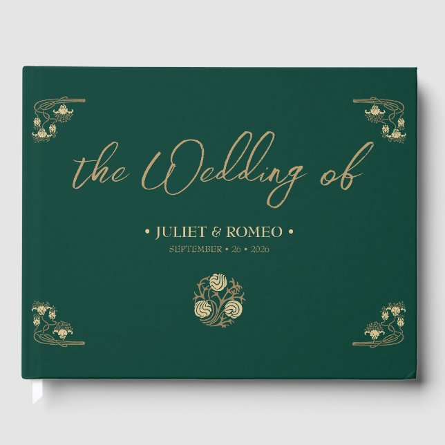 Elegant gold Art Deco & calligraphy green, wedding Guest Book (Front)