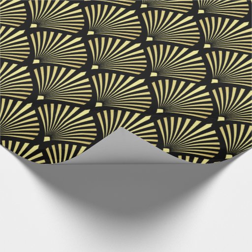 Image of Elegant Gold Art Deco Fan Pattern on Black Wrapping Paper