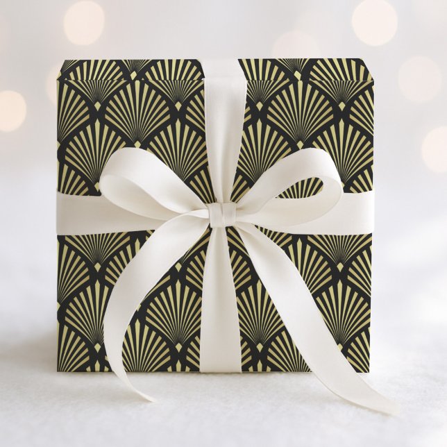 Elegant Gold Art Deco Fan Pattern on Black Wrapping Paper (Creator Uploaded)