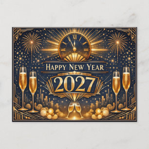 Elegant Gold Art Deco New Year Celebration Holiday Postcard