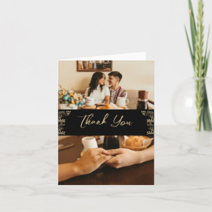 Elegant gold Art Deco on black, 2 photos wedding T Thank You Card