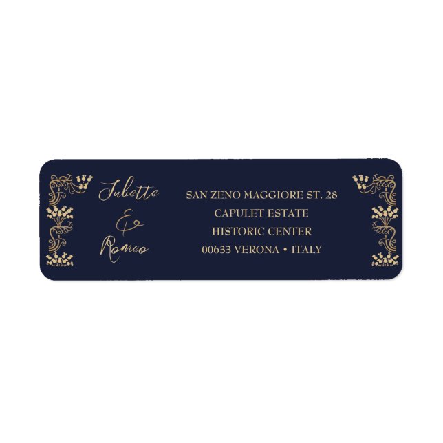 Elegant gold Art Deco on blue return address (Front)