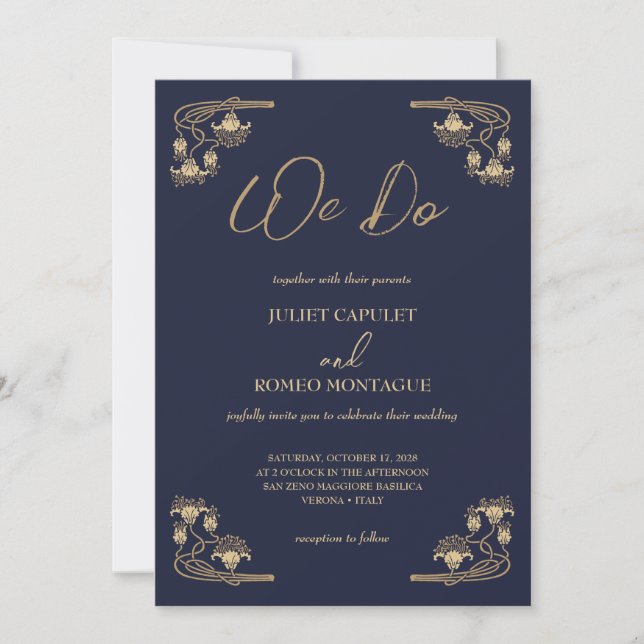 Elegant gold Art Deco on blue we do wedding Invitation (Front)