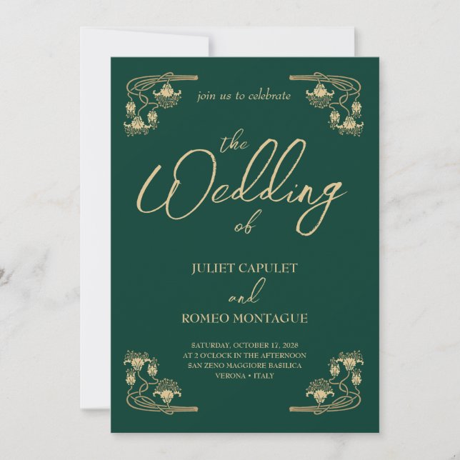 Elegant gold Art Deco on green All In One wedding Invitation (Front)