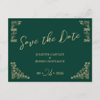 Elegant gold Art Deco on green save the date Postcard