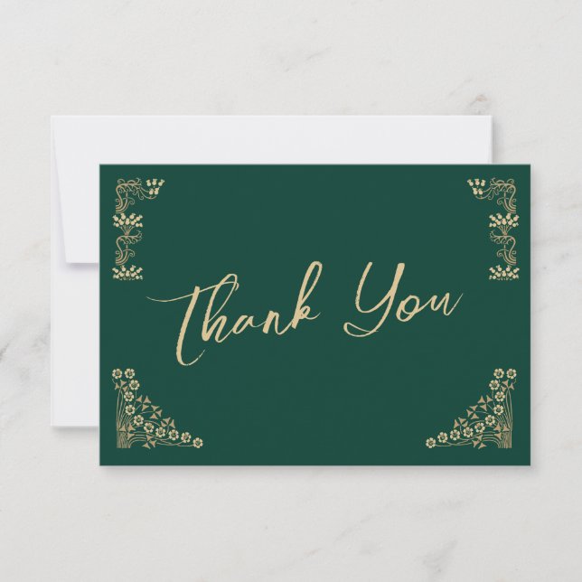Elegant gold Art Deco on green wedding Thank You Card (Front)