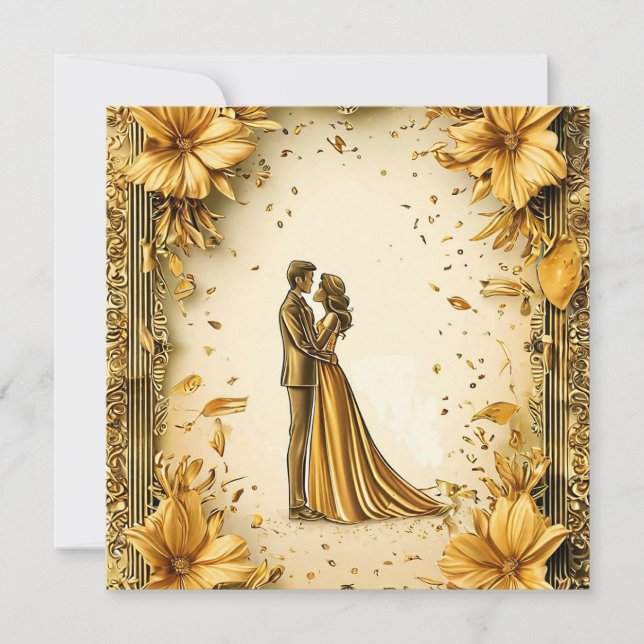 Elegant Gold Artwork of Romantic wedding Couple Save The Date (Front)