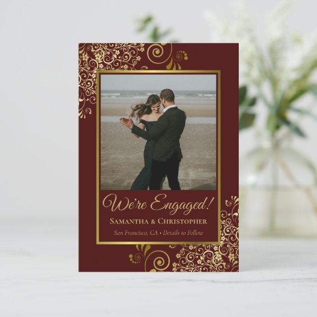 Elegant Gold & Auburn Brown Photo Engagement Announcement (Standing Front)