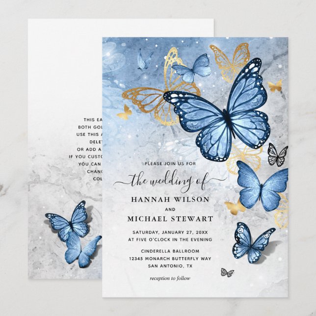 Elegant Gold Baby Blue Butterfly Wedding Invitation (Front/Back)