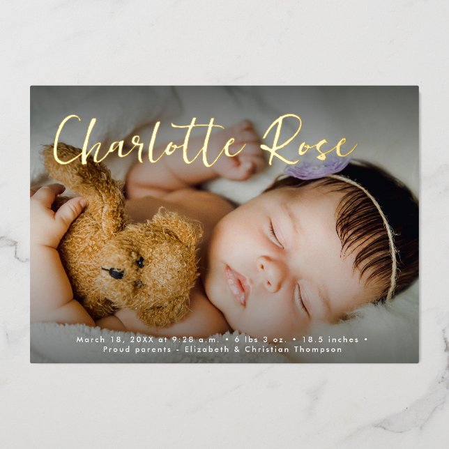Elegant Gold Baby Girl Photo Custom Birth Stats Foil Holiday Card (Front)