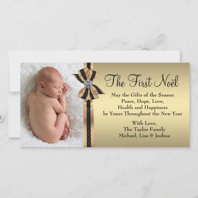 Elegant Gold Baby's First Christmas Holiday Card (Front)