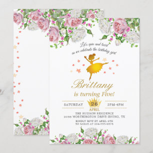 Elegant Gold Ballerina Floral Girl Birthday Party Invitation