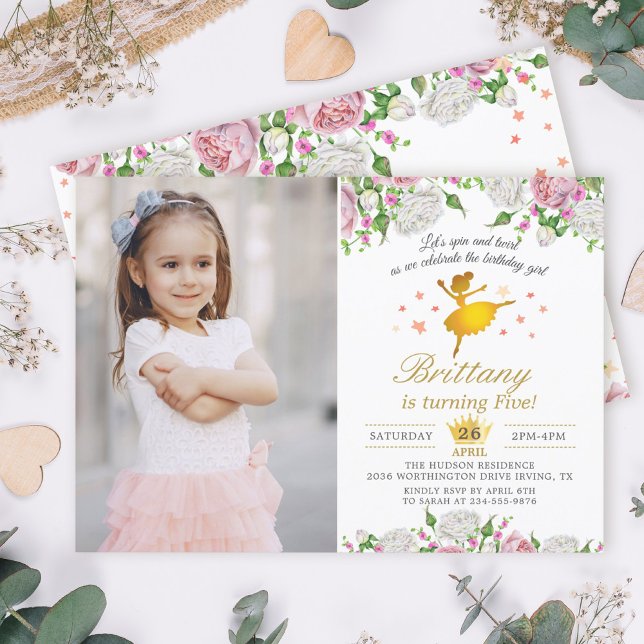 Elegant Gold Ballerina Floral Girl Photo Birthday Invitation (Creator Uploaded)