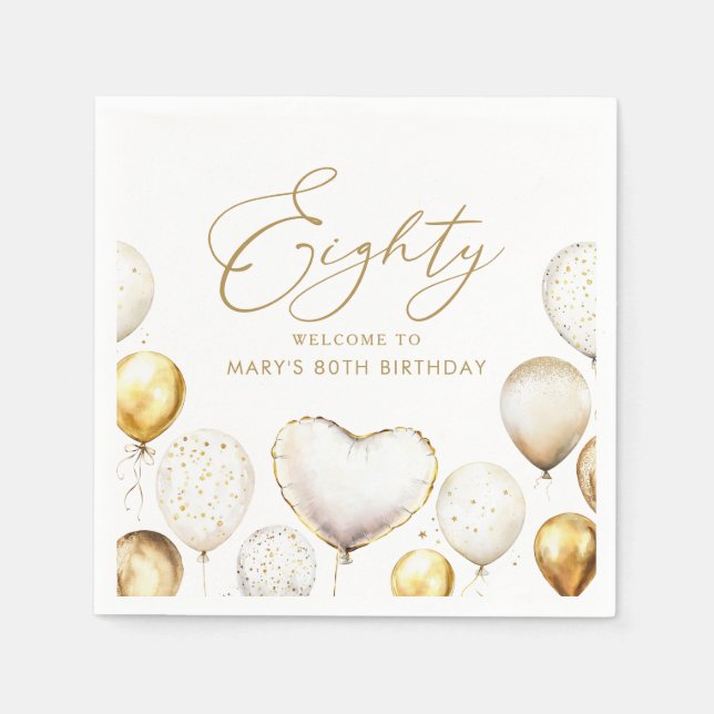 Elegant Gold Balloon 80th Birthday Party Napkin (Front)