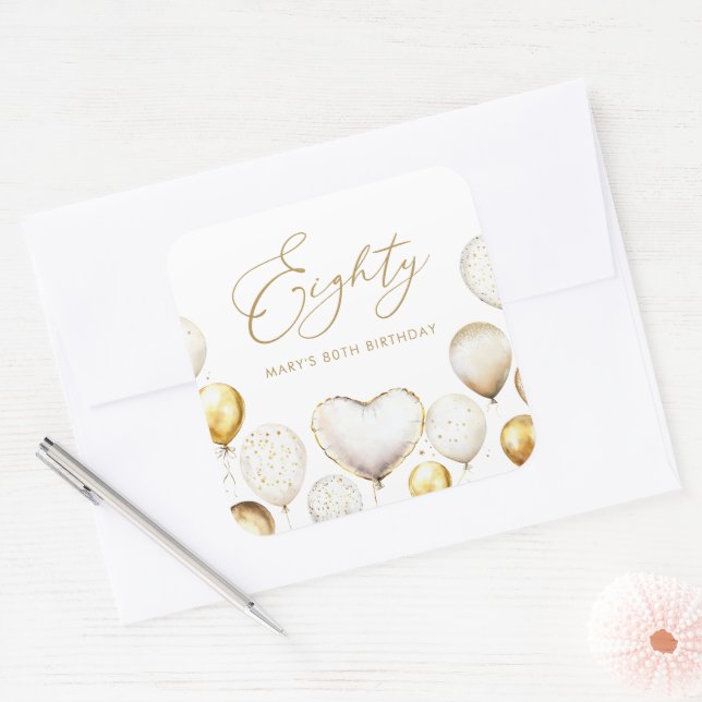 Elegant Gold Balloon 80th Thank You Birthday Square Sticker (Envelope)