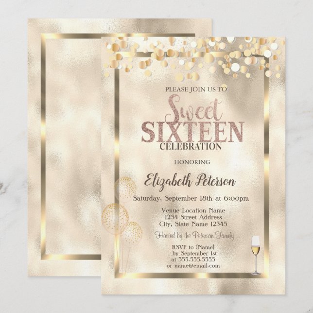 Elegant Gold Balloons Frame Sweet 16 Invitation (Front/Back)