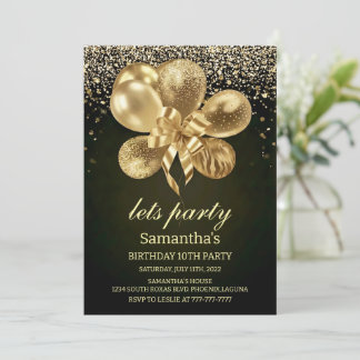 Elegant Gold Balloons on Black 10th Birthday Party Invitation