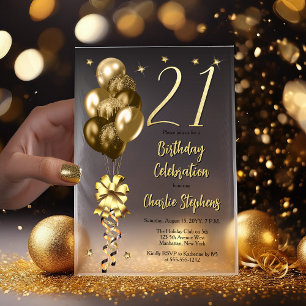 Elegant Gold Balloons on Black 21st Birthday Party Vellum Invitations