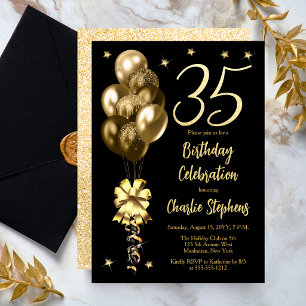 Elegant Gold Balloons on Black 35th Birthday Party Invitation