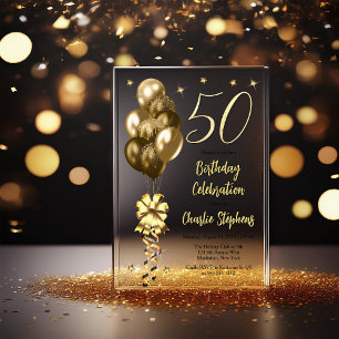 Elegant Gold Balloons on Black 50th Birthday Party Acrylic Invitations