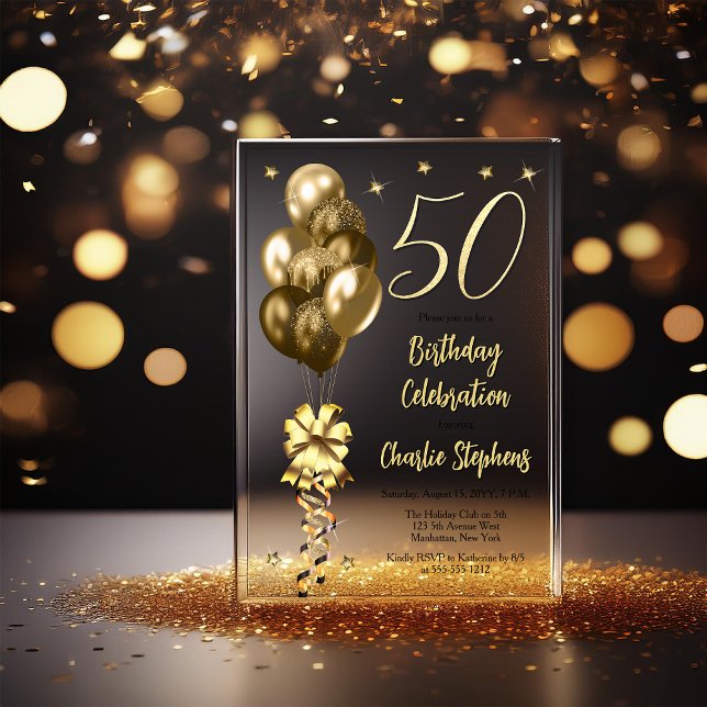 Elegant Gold Balloons on Black 50th Birthday Party Acrylic Invitations (Elegant Faux Gold Glitter Accented Balloons on Fade to Black Backing 50th Birthday Acrylic Invite)