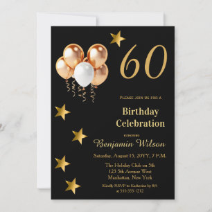 Elegant Gold Balloons on Black 60th Birthday Party Invitation