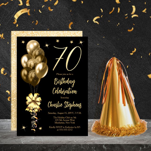 Elegant Gold Balloons on Black 70th Birthday Party Invitation (Elegant Gold-Toned Balloons on Black 70th Birthday Party Invitation)