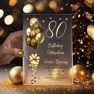 Elegant Gold Balloons on Black 80th Birthday Party Vellum Invitations