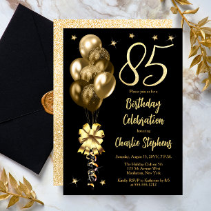 Elegant Gold Balloons on Black 85th Birthday Party Invitation