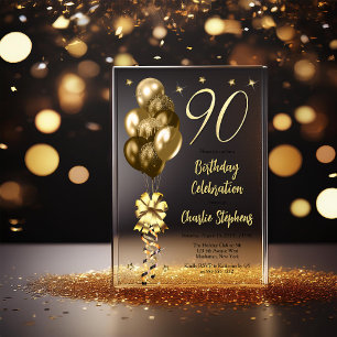 Elegant Gold Balloons on Black 90th Birthday Party Acrylic Invitations