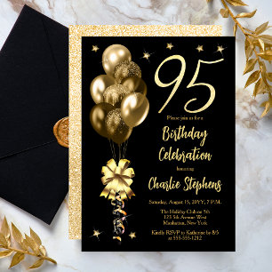 Elegant Gold Balloons on Black 95th Birthday Party Invitation