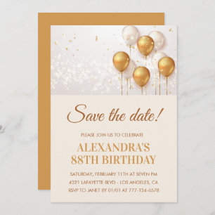 Elegant Gold Balloons Save the date 88th birthday Invitation