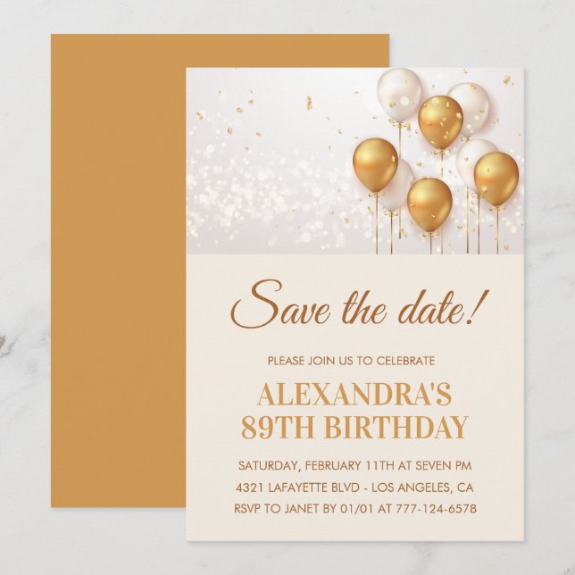 Elegant Gold Balloons Save the date 89th birthday Invitation (Front/Back)