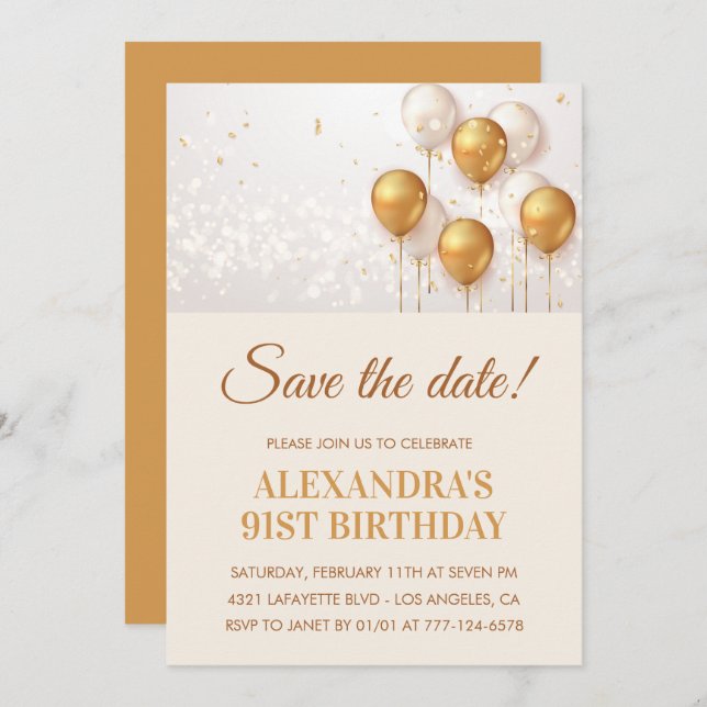 Elegant Gold Balloons Save the date 91st birthday Invitation (Front/Back)