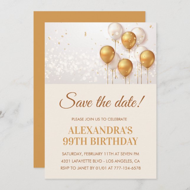 Elegant Gold Balloons Save the date 99th birthday Invitation (Front/Back)