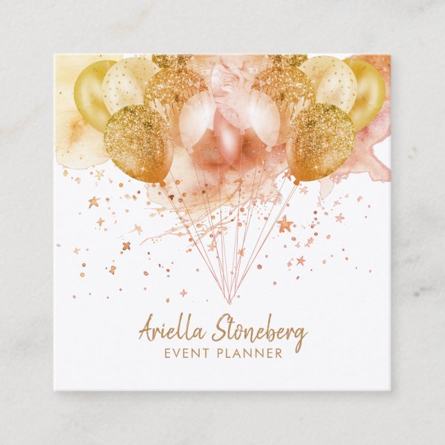 Elegant Gold Balloons Stars Event Planner Square Business Card (Front)