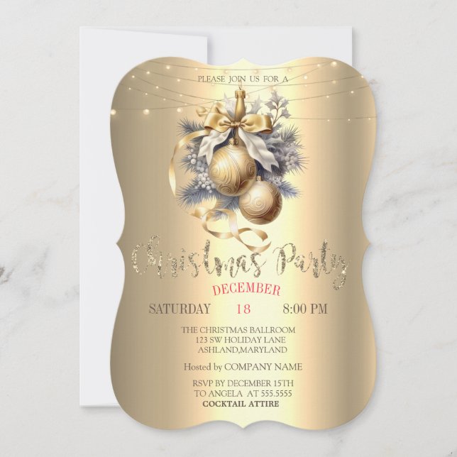 Elegant Gold Balls,String Lights Gold Christmas  Invitation (Front)