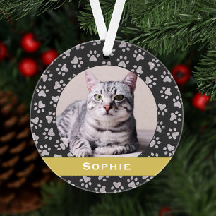 Elegant Gold Banner Cat Photo Paw Print Keepsake Ornament
