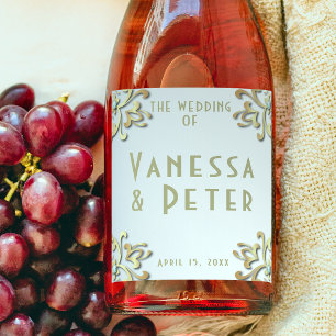 Elegant Gold Baroque Border On Silver Wedding Wine Label